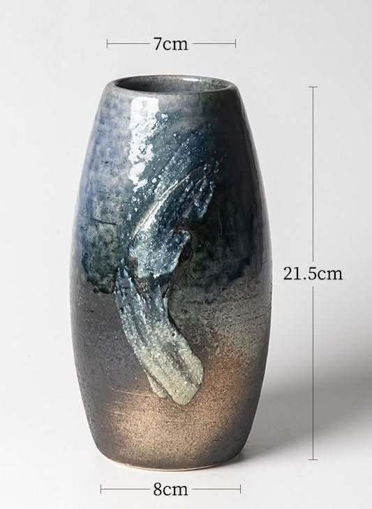 Japanese Kiln Long Handmade Vase: Blue, grey & brown glaze ceramic, 21.5cm tall